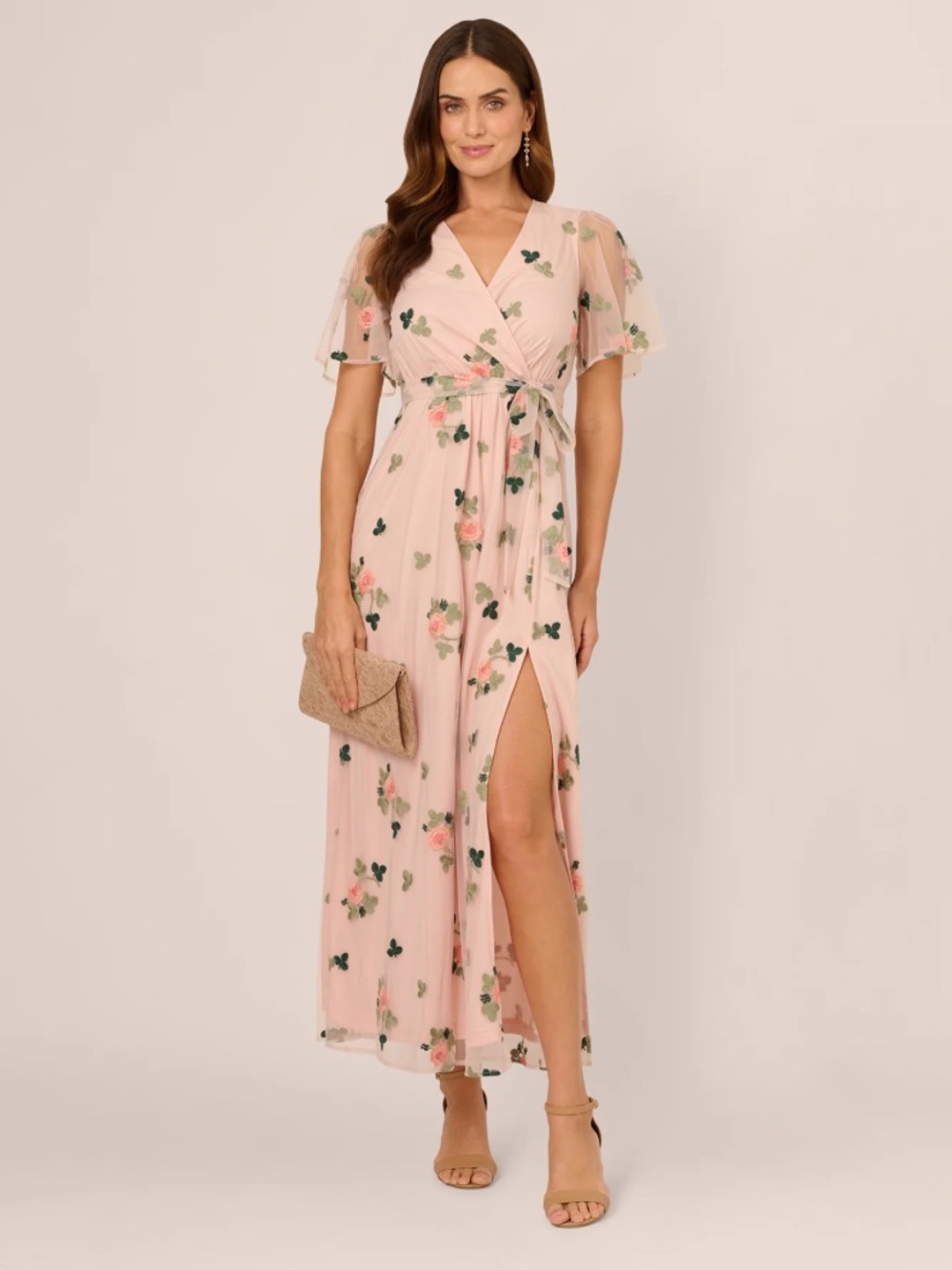 Adrianna Papell Blush Pink Floral Wrap Wedding Sheer Dainty Maxi Dress with Slit